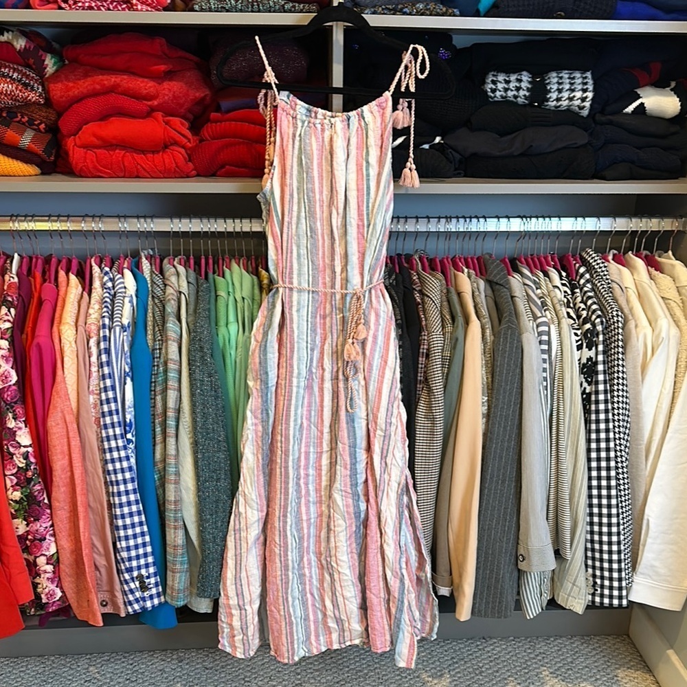 Time & Tru pink/multicolr stripe sleeveless belted side slits midi dress size S